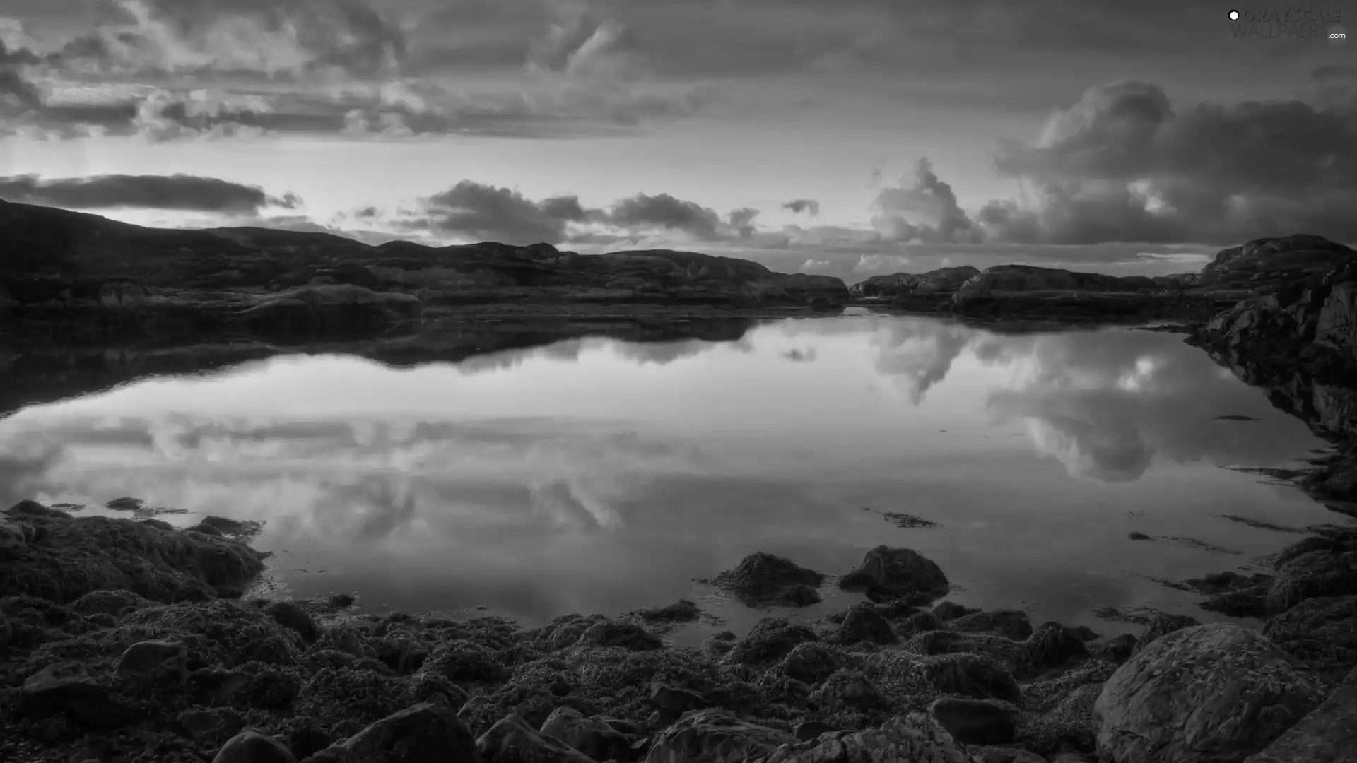 lake, clouds, Norway, Stones