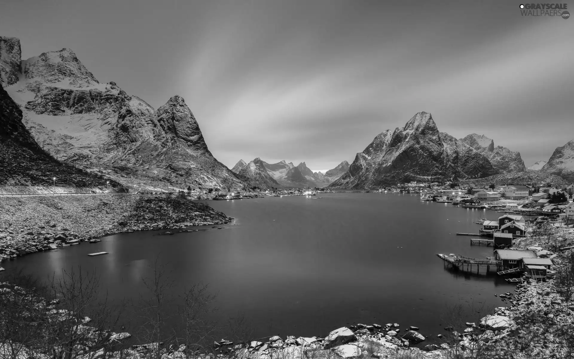 Houses, lake, Norway, winter, colony, Mountains