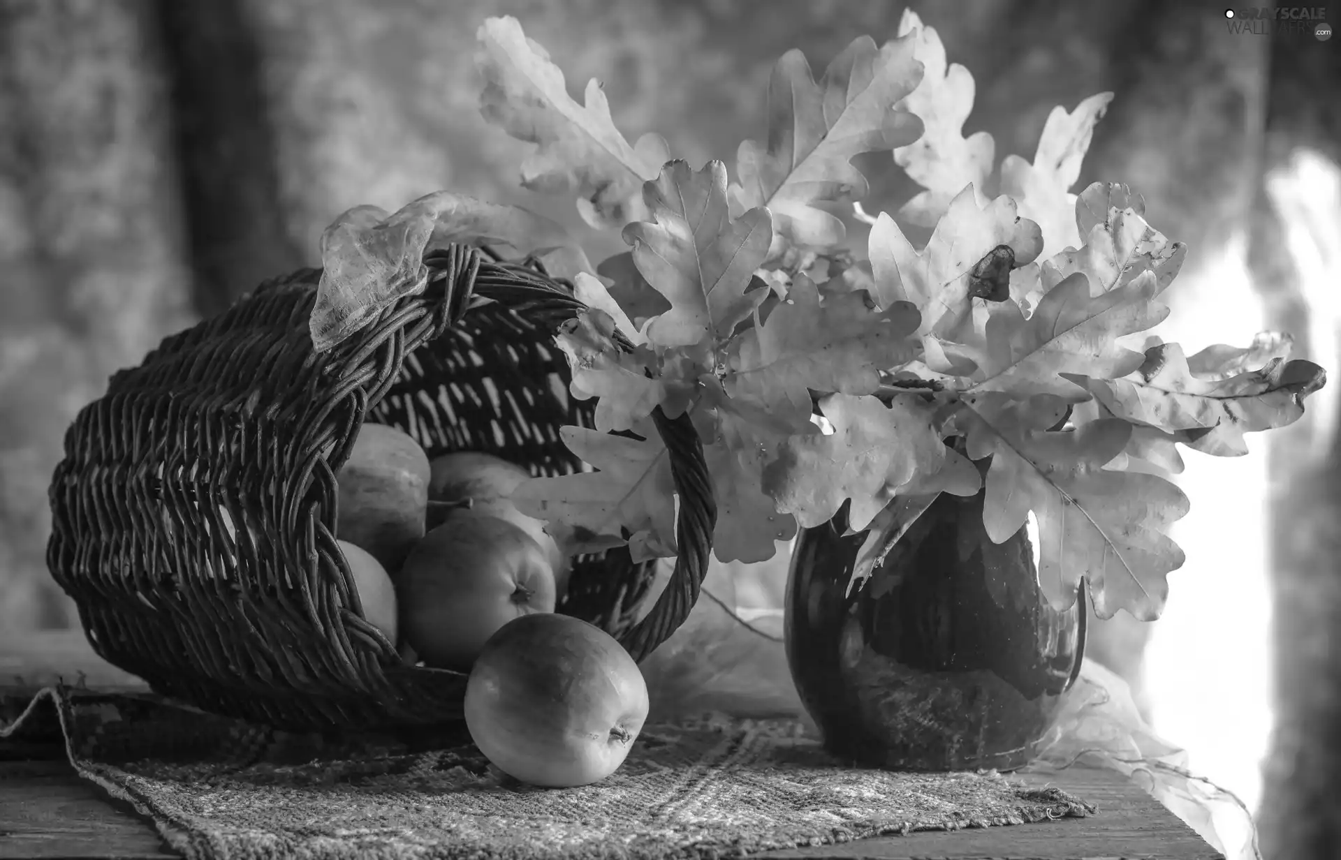 Leaf, Vase, basket, bouquet, composition, oak, apples