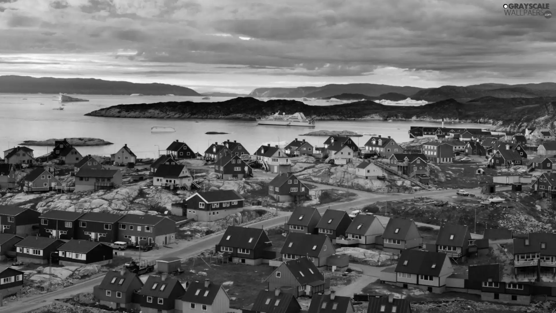 color, Greenland, Ocean, Ship, Houses, Town