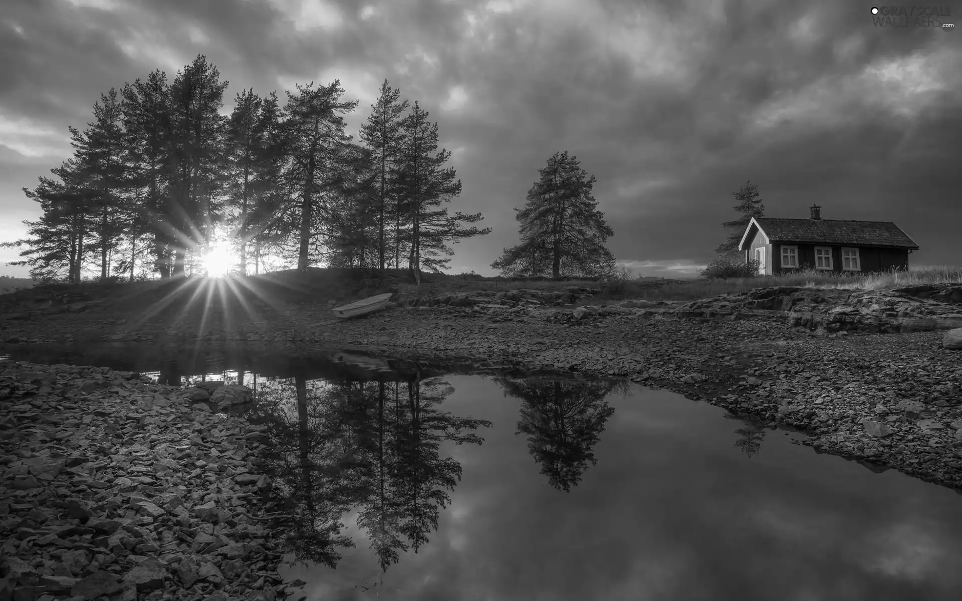 Ringerike, Norway, rays of the Sun, clouds, viewes, house, Boat, trees, Vaeleren Lake