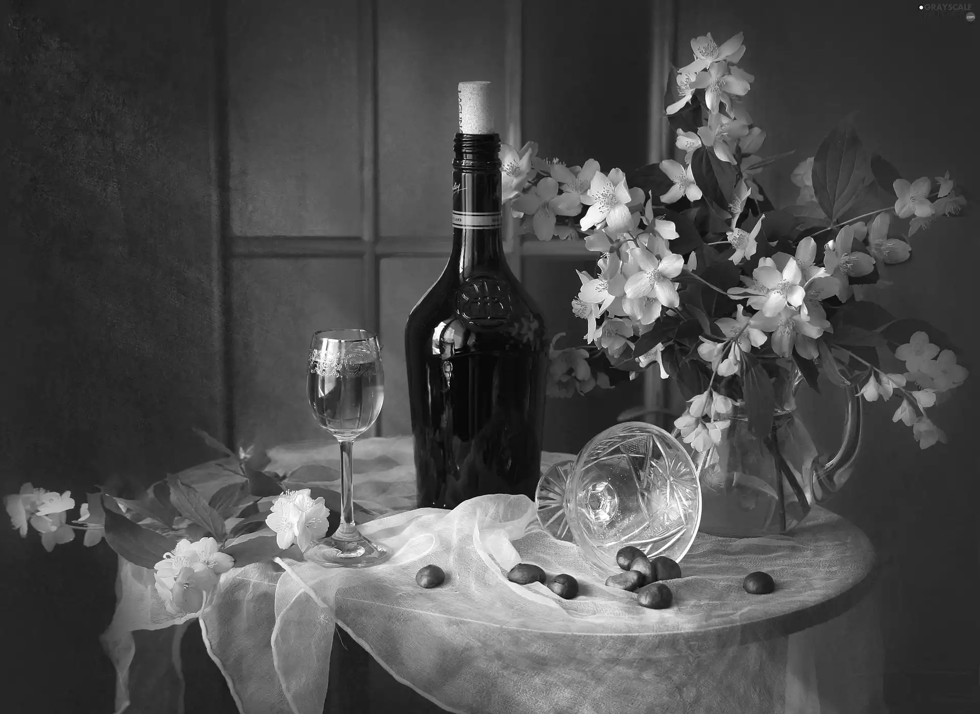 Bottle of Wine, composition, bouquet, jasmine, Flowers