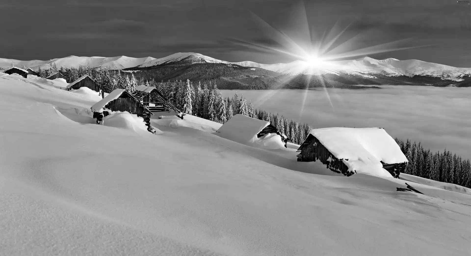 winter, Houses, rays of the Sun, Mountains