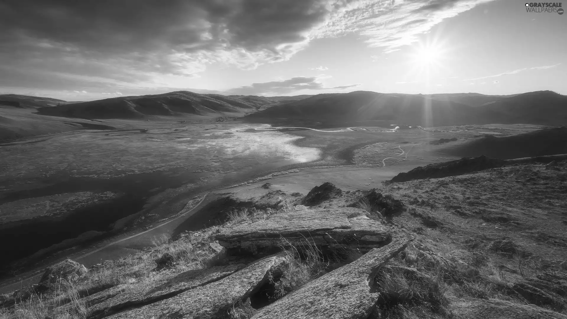 River, Mountains, rays of the Sun, rocks