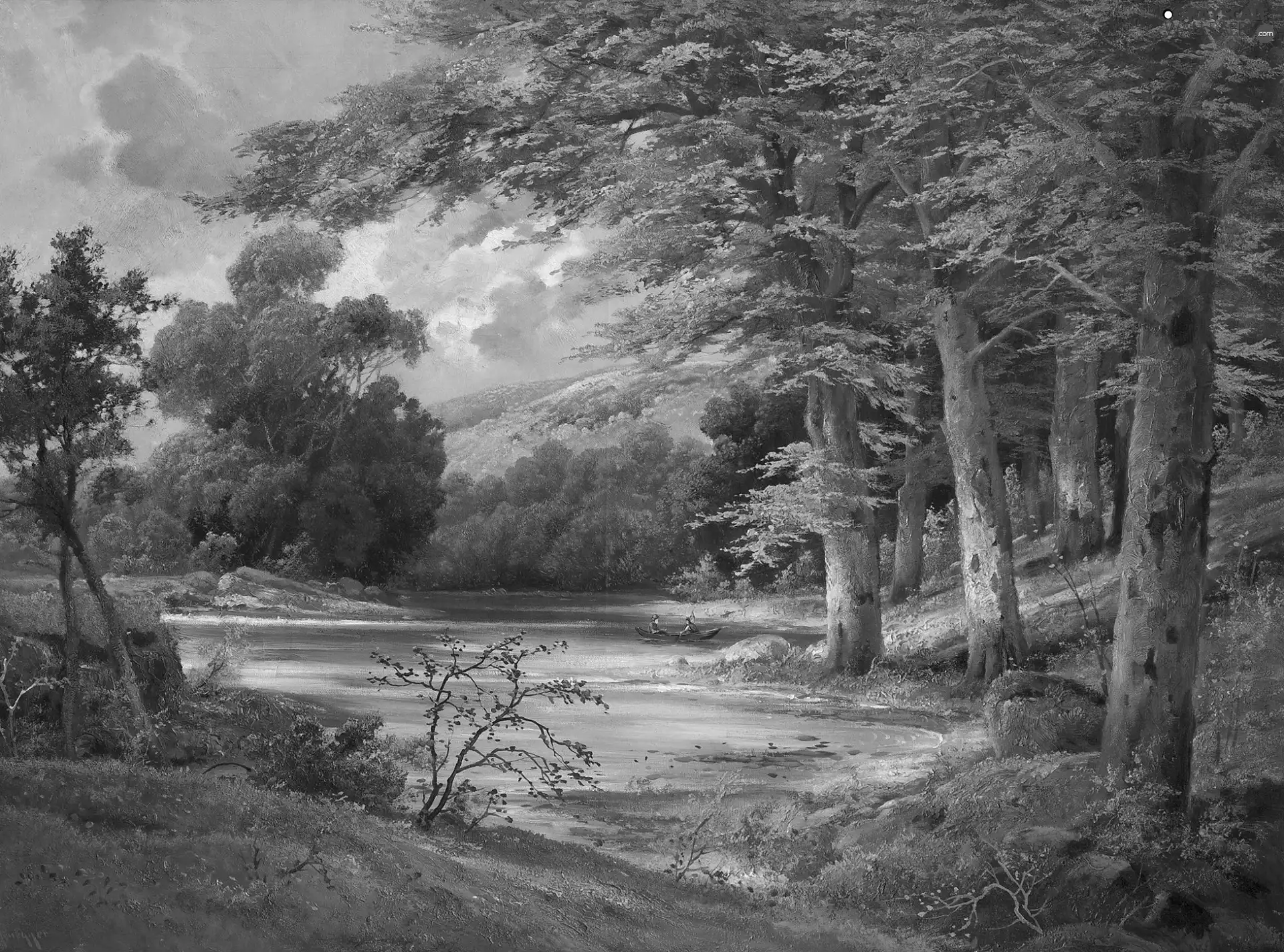 painting, lake, viewes, Boat, trees, Alois Arnegger, picture, People