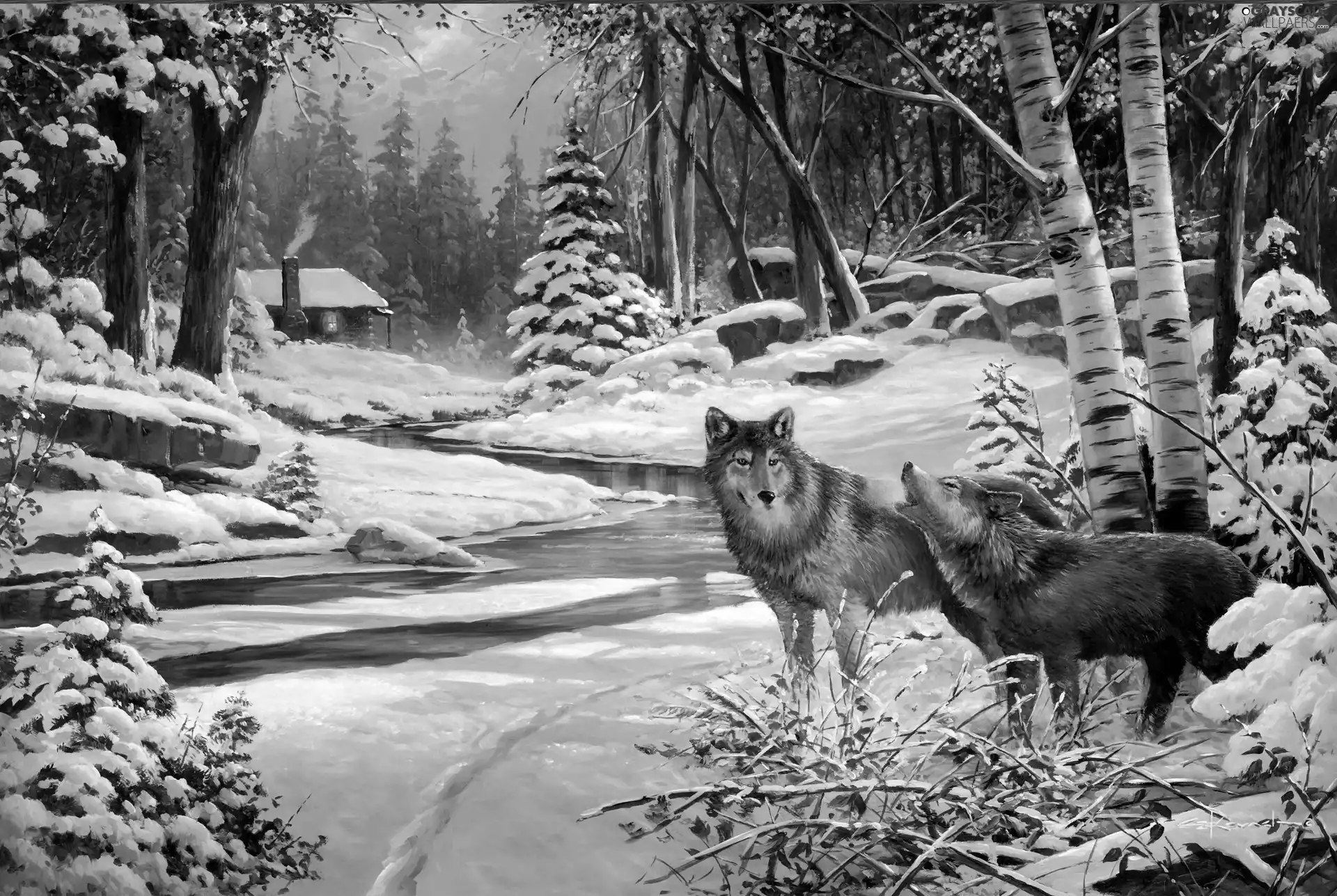 painting, wolves, winter