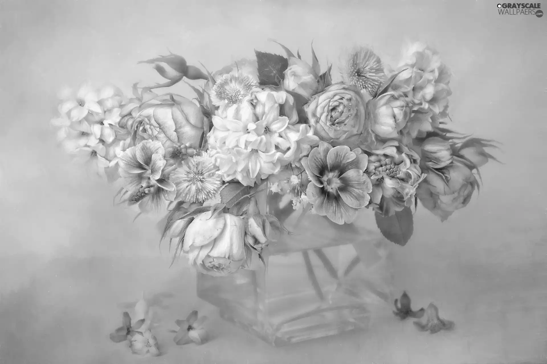 roses, bouquet, vase, Paintography, glass, Flowers