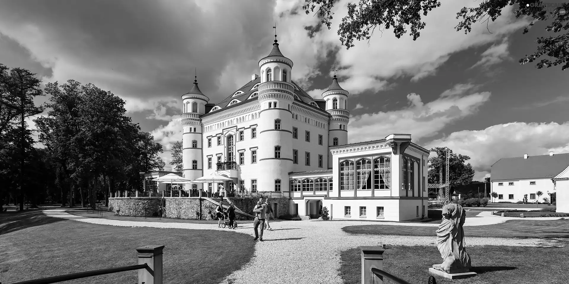 Palace, Wojanow, Park, clouds, Farm-hand, Team