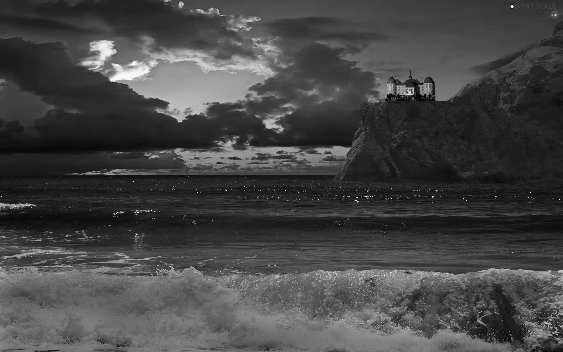 Sky, rocks, palace, sea