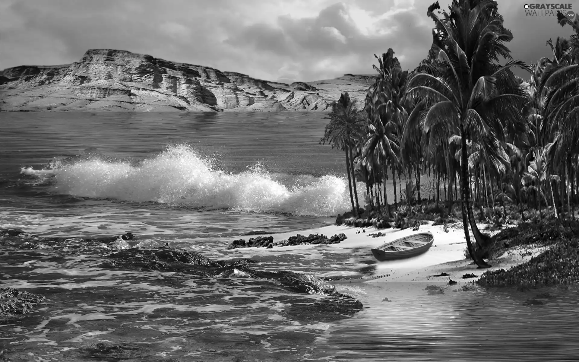 Mountains, Waves, Palms, sea