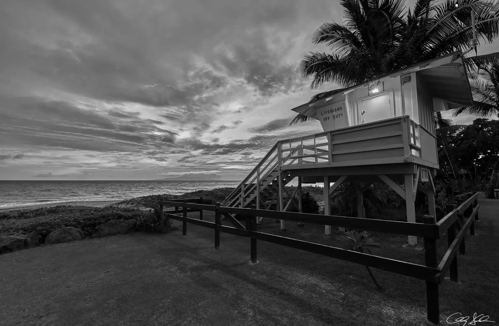 Palms, Aloha State Hawaje, clouds, Rescue Tower, Great Sunsets, sea