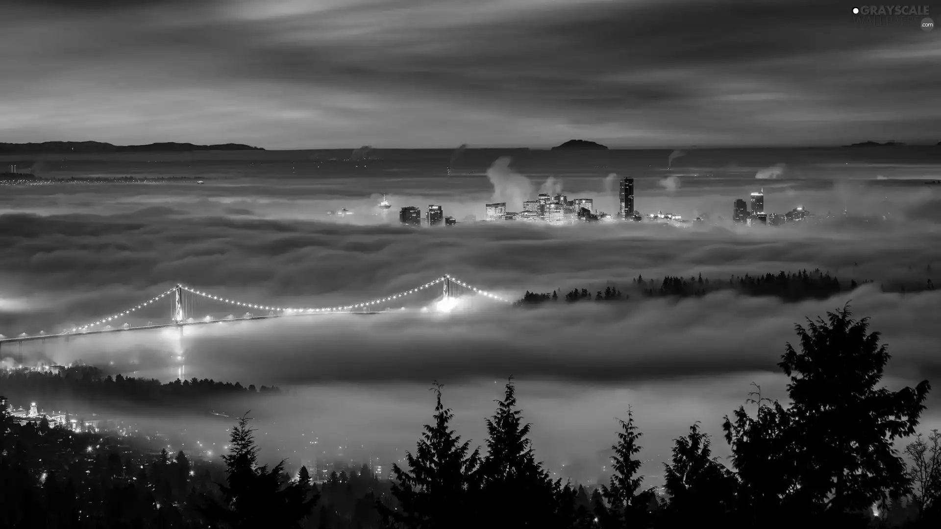 Fog, River, town, Vancouver, panorama, bridge