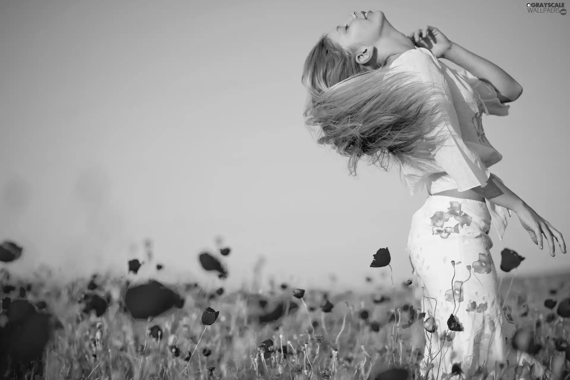 Flowers, papavers, girl, Sky, happy