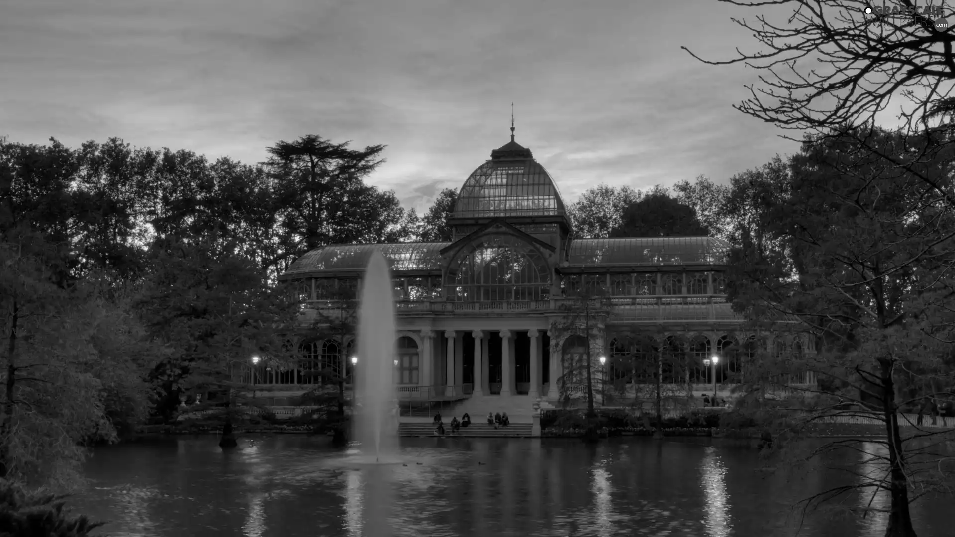 fountain, Park, Spain, west, Madrid, crystal, palace, sun