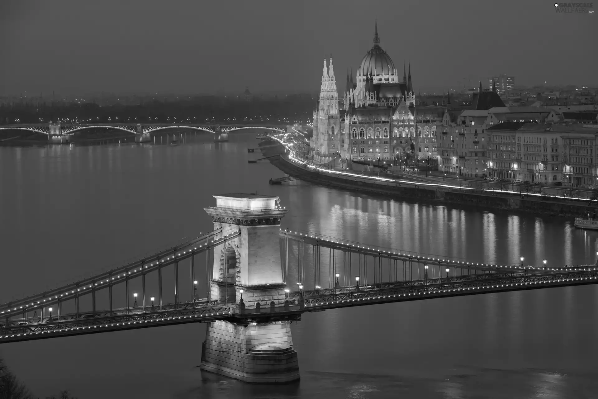 Catenary, Danube, Night, bridge, Budapest, parliament, Hungary