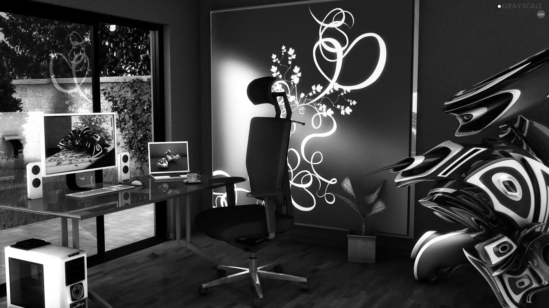 interior, desk, PC, Armchair
