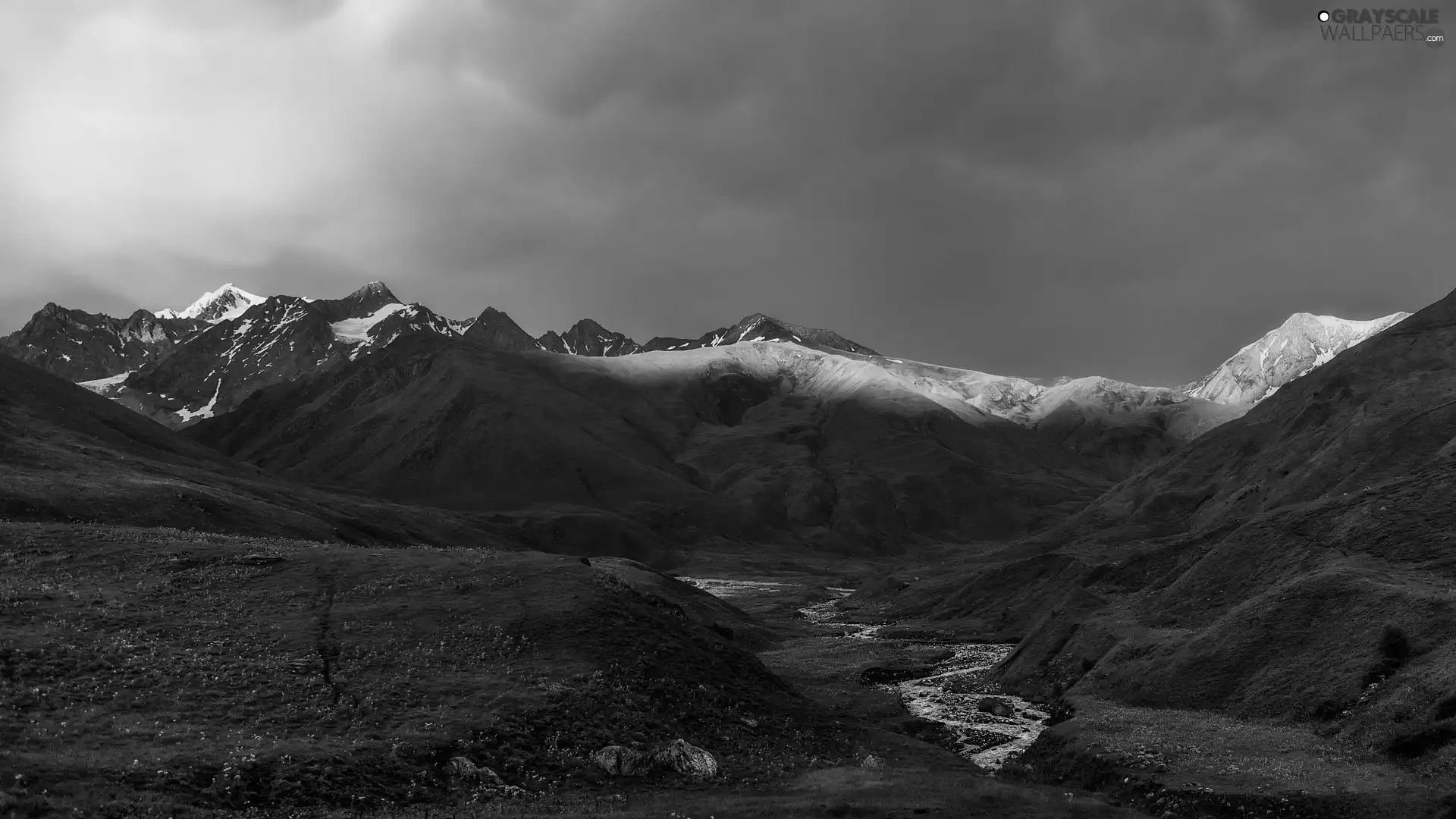 illuminated, Mountains, brook, peaks