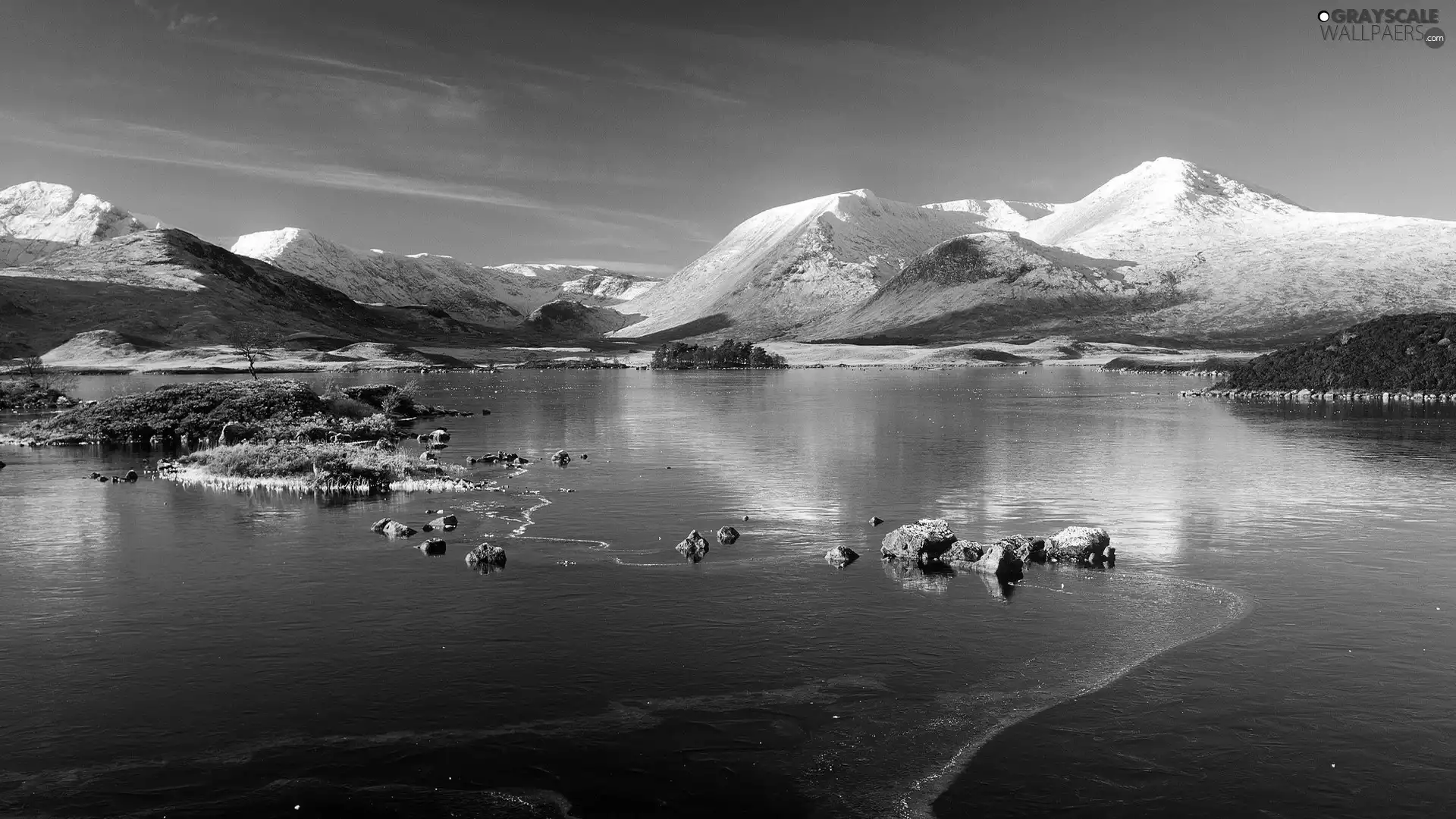 Mountains, lake, peaks, winter, Snowy, Islets