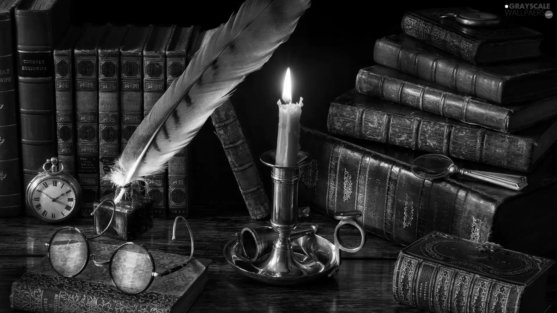candle, Books, inkwell, Glasses, composition, pen, Watch
