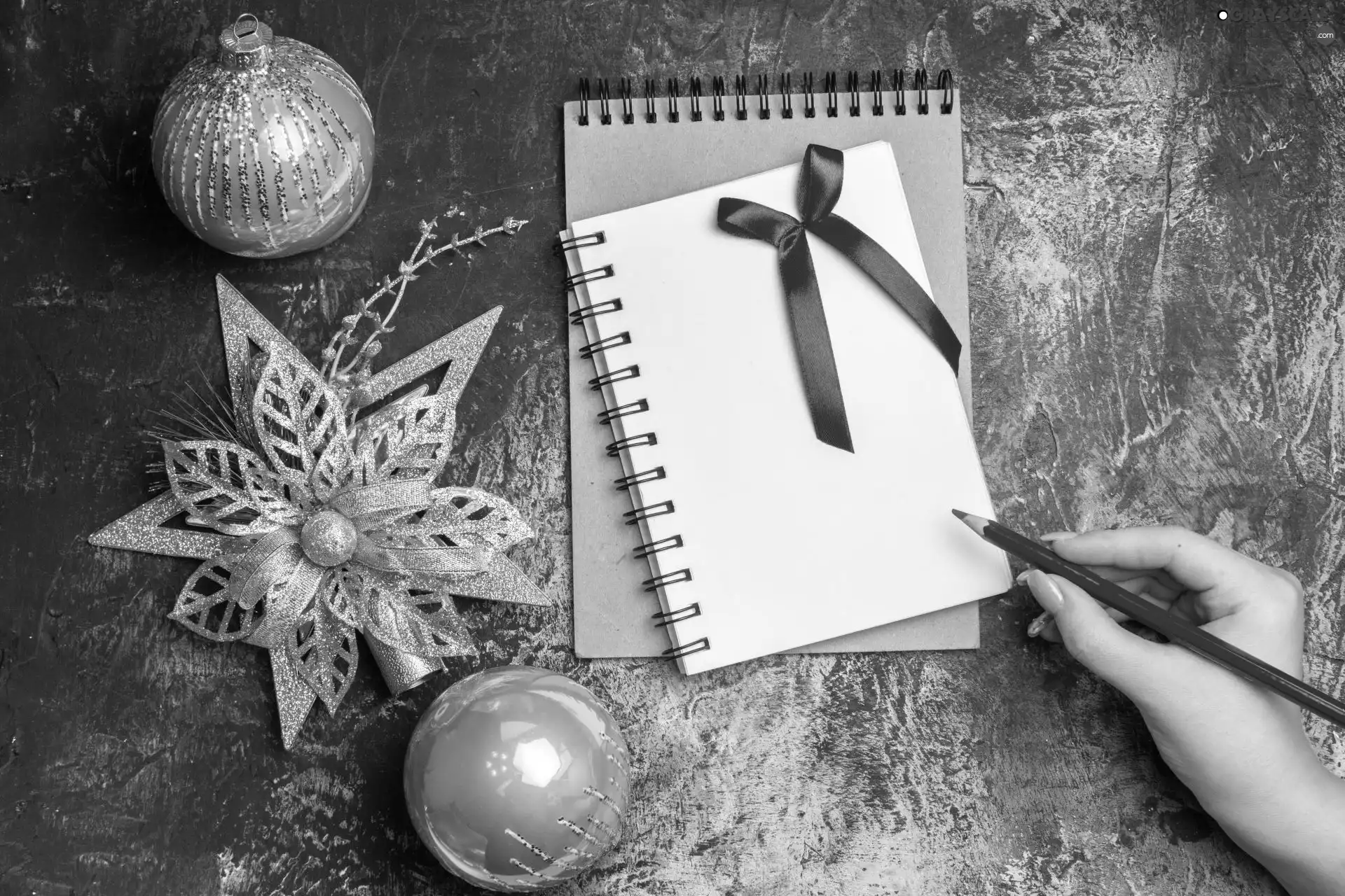 note-book, starfish, pencil, Christmas, hand, baubles
