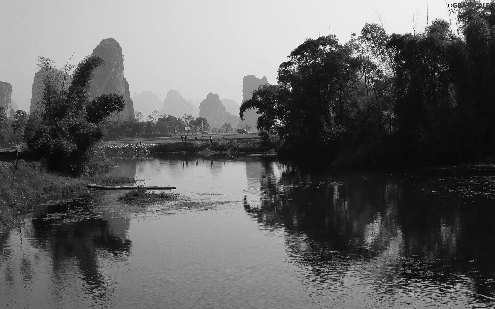 River, viewes, People, trees