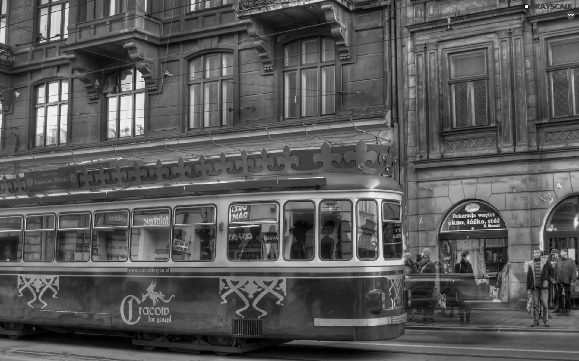 tram, buildings, People, Street