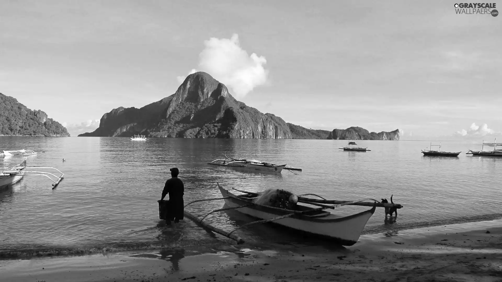 boats, sea, Philippines, Mountains