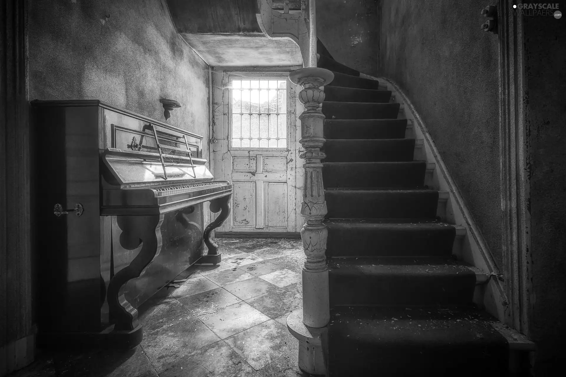 piano, Stairs, Staircase, Doors, Uncared