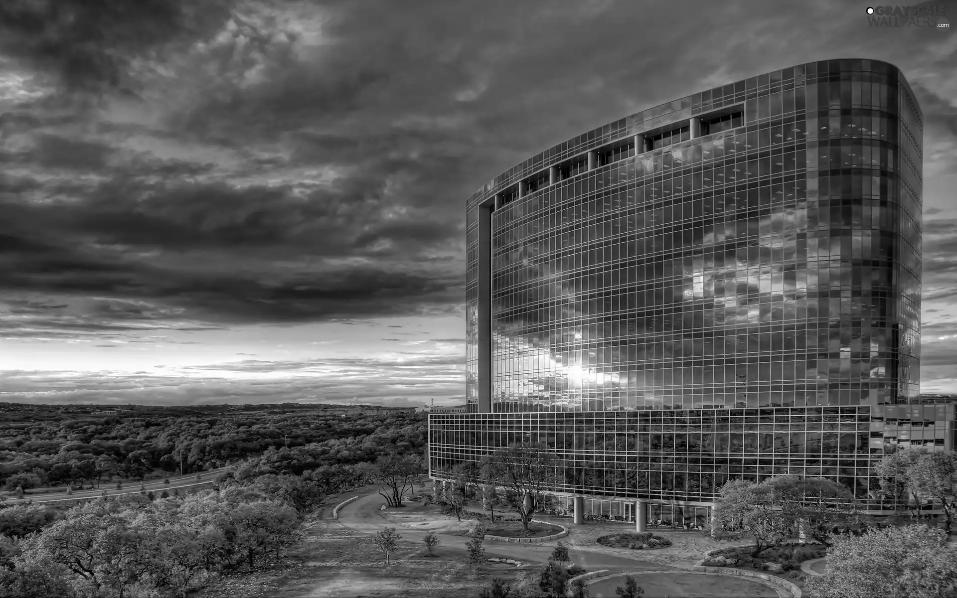 glass, clouds, Picture of Town, house