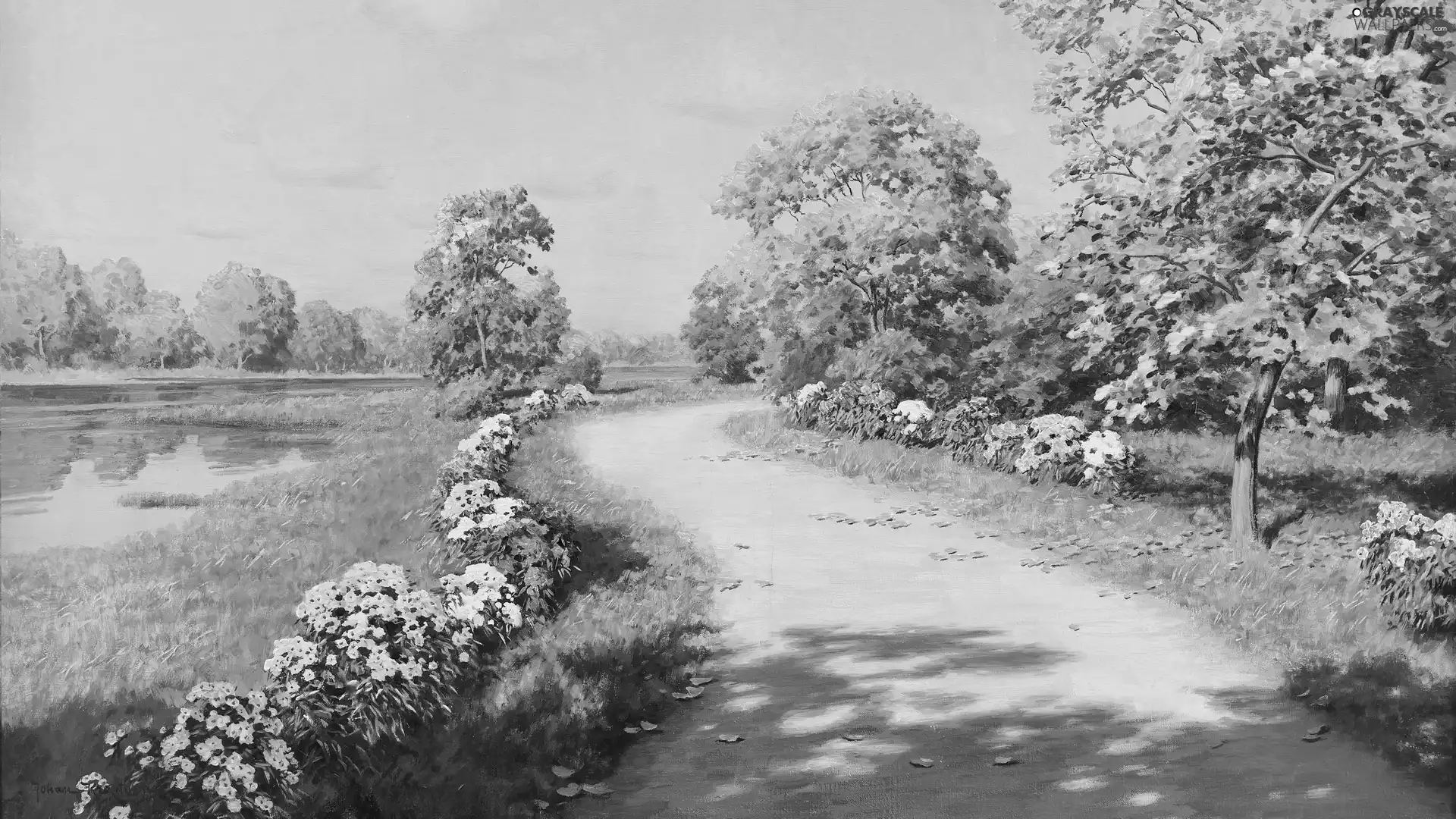 picture, painting, Johan Krouthen, Path, lake, autumn, trees, viewes, Flowers