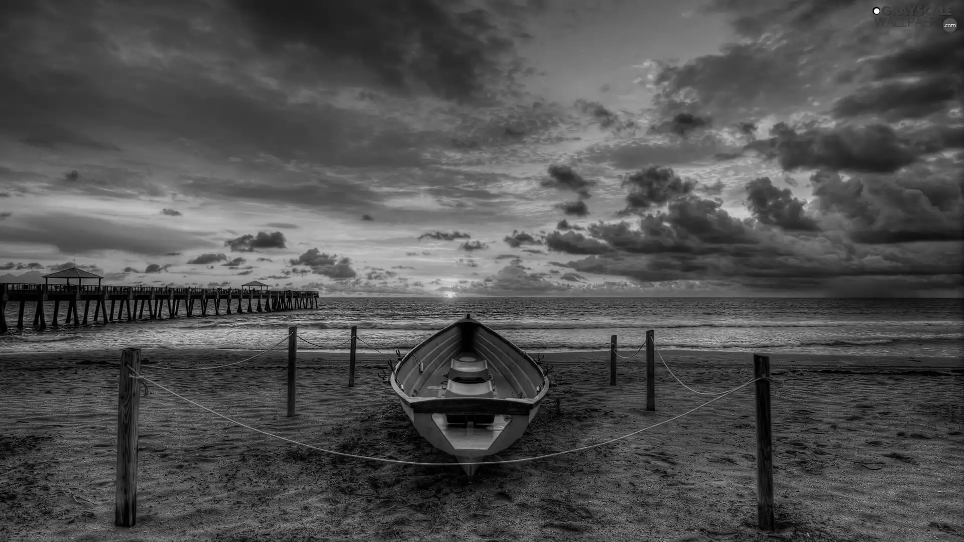 pier, Boat, clouds, Great Sunsets, sea, Beaches