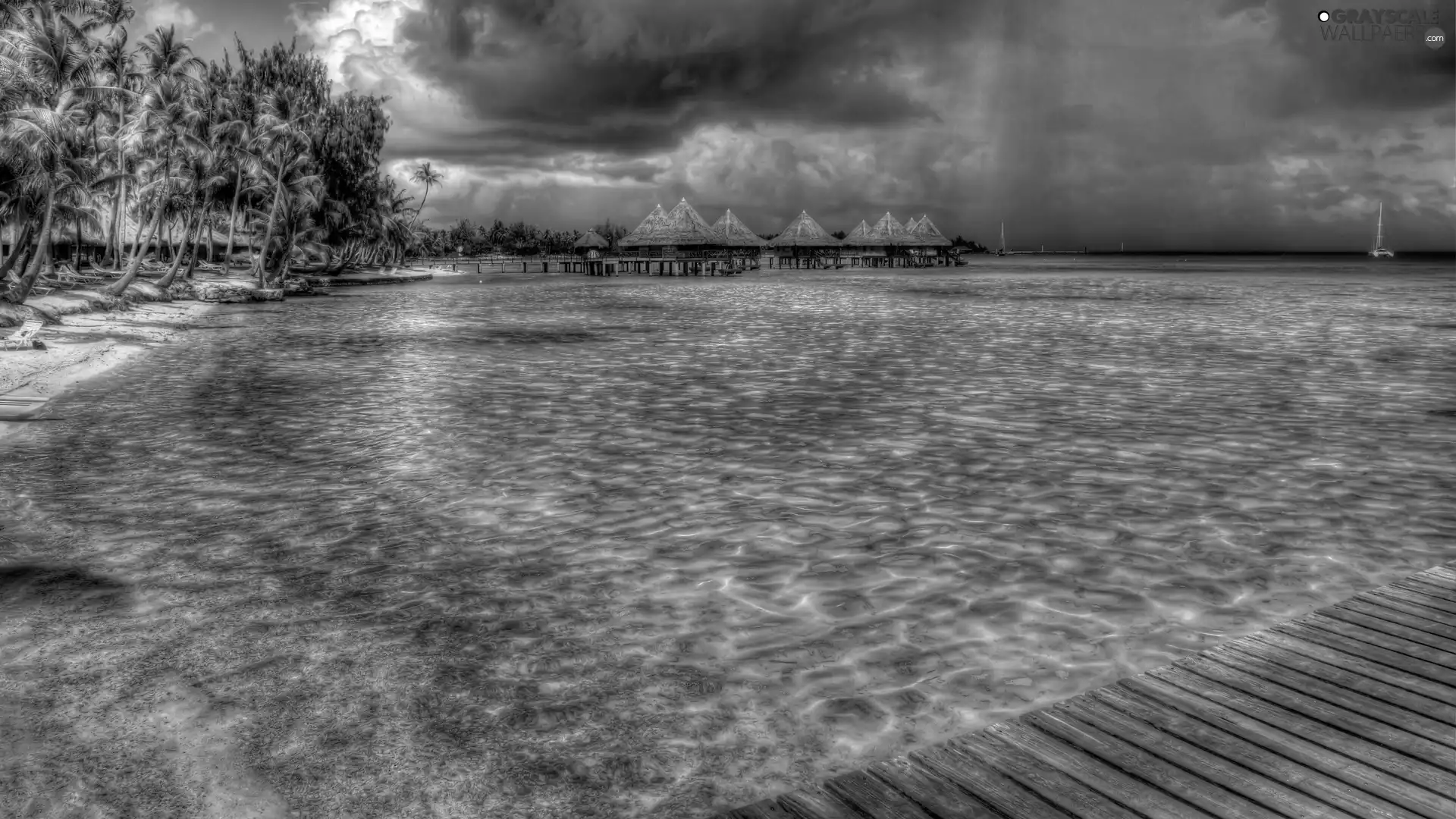 clouds, Houses, pier, sea