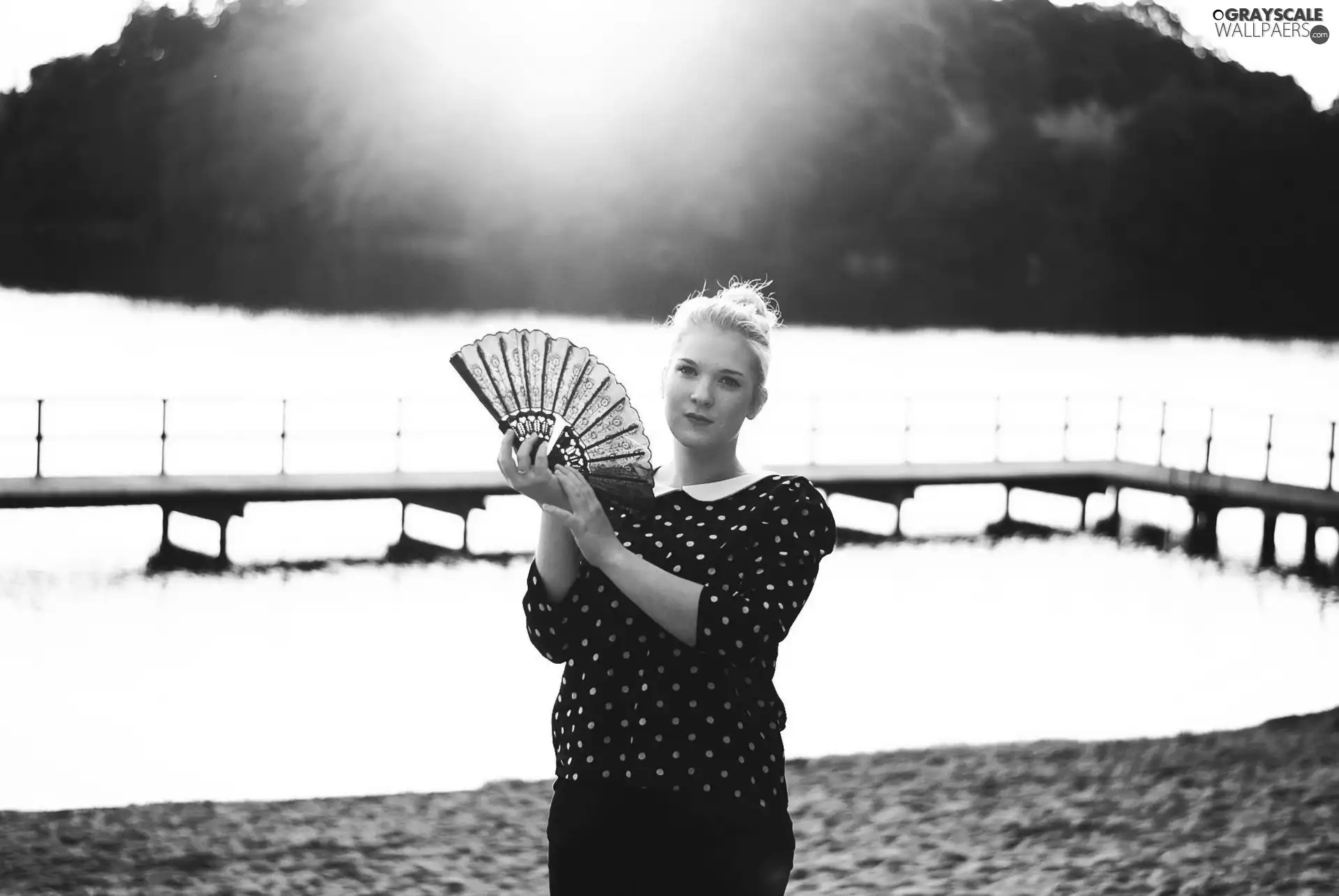 pier, lake, Blonde, Fan, Women