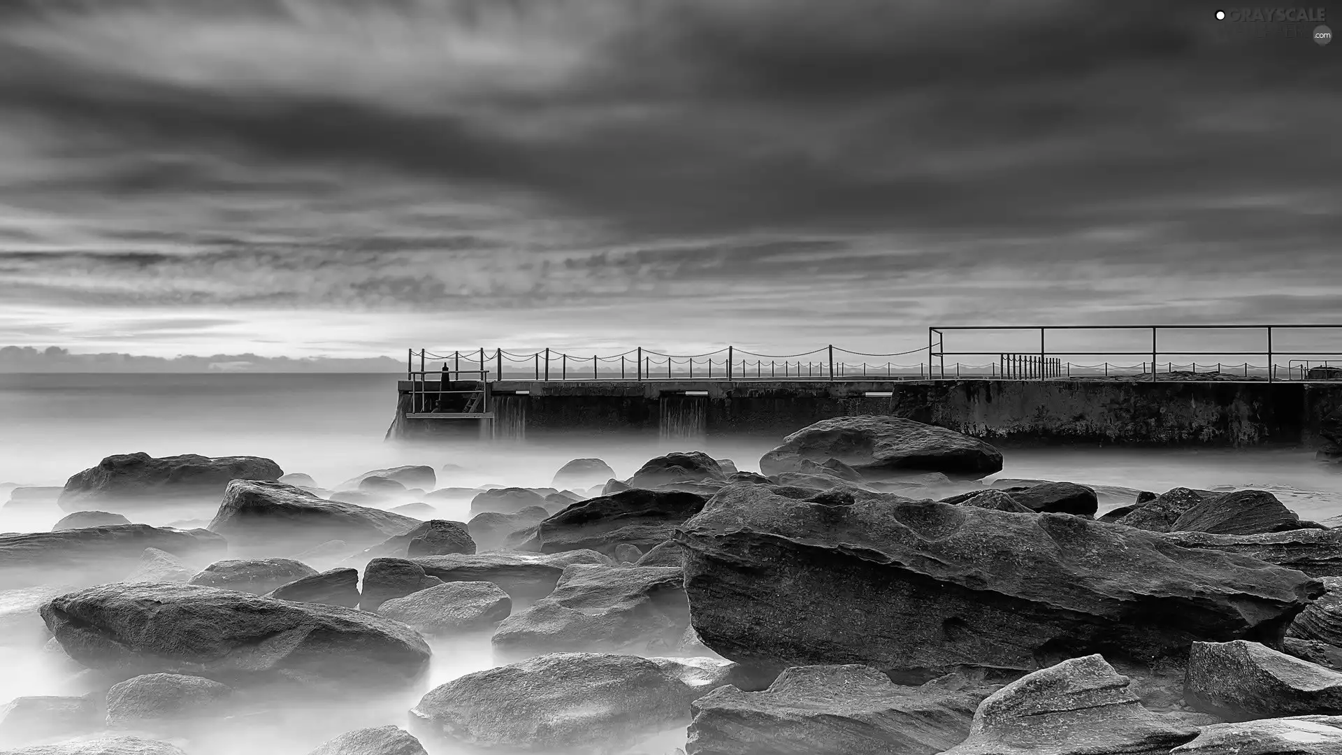 Stones, boulders, sea, pier, Great Sunsets