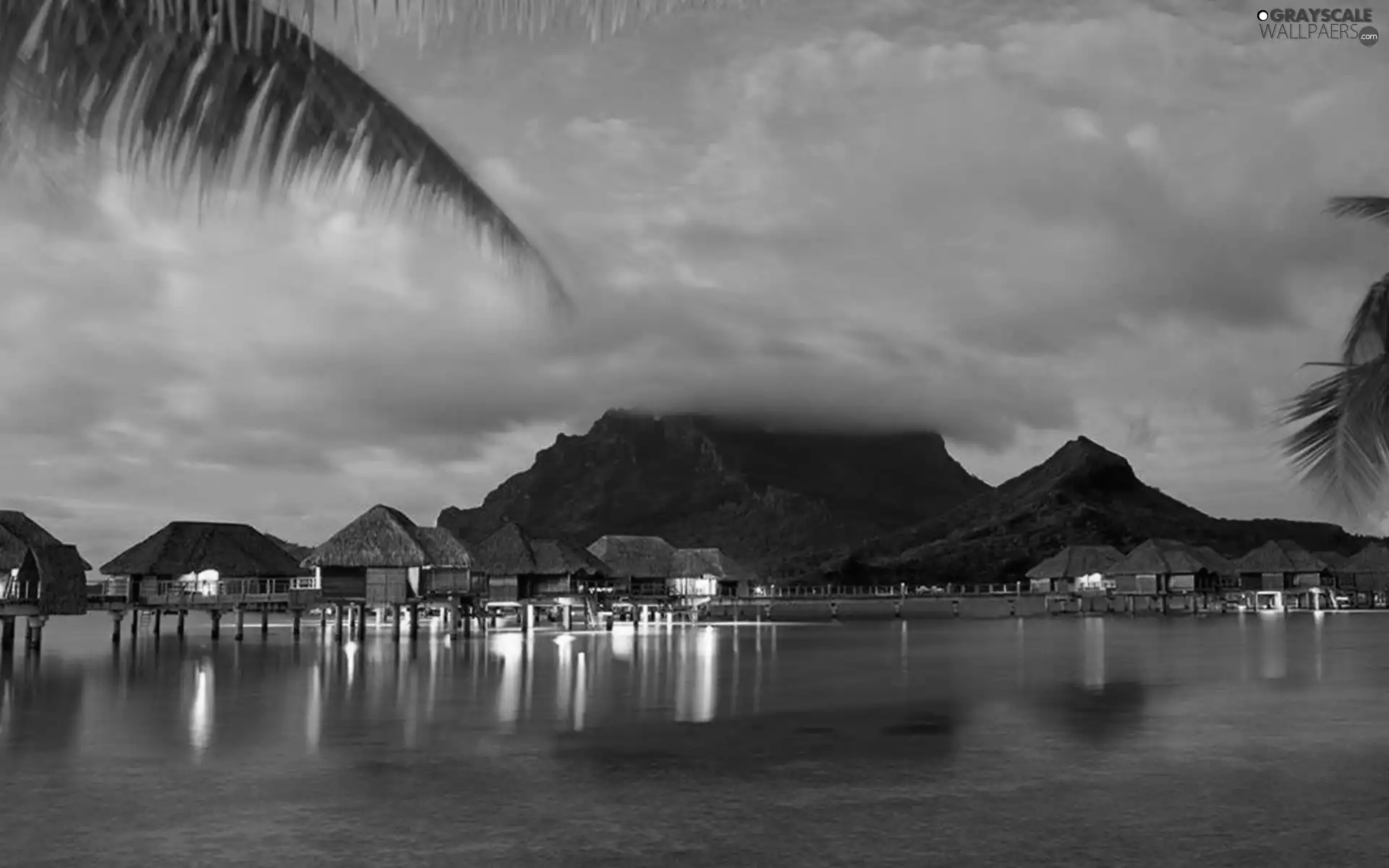 an, Houses, piles, Mountains, Bora Bora, Ocean, clouds, Island, Palms