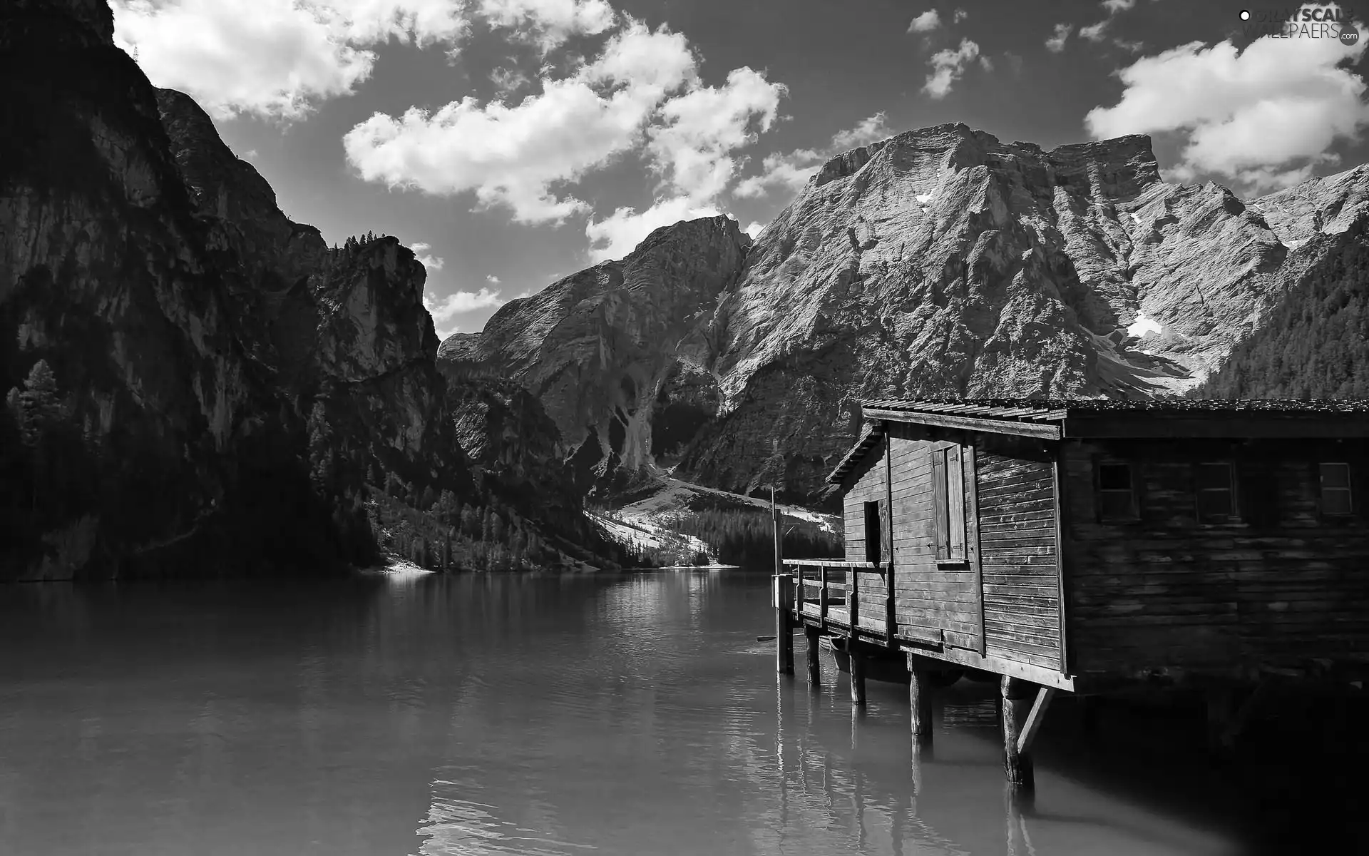 piles, Mountains, house, an, lake