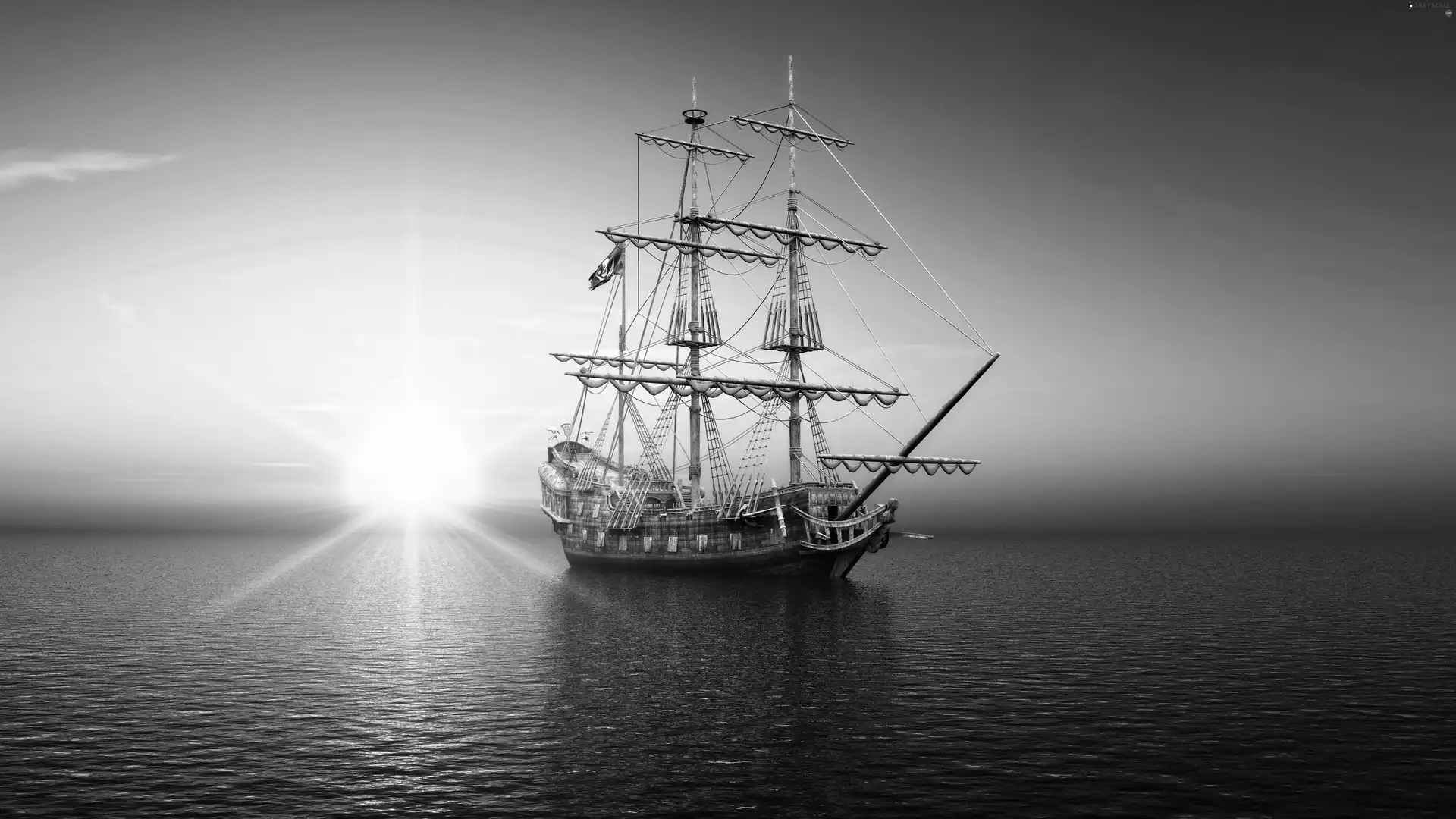 Pirates, sailing vessel, east, sun, sea, flag