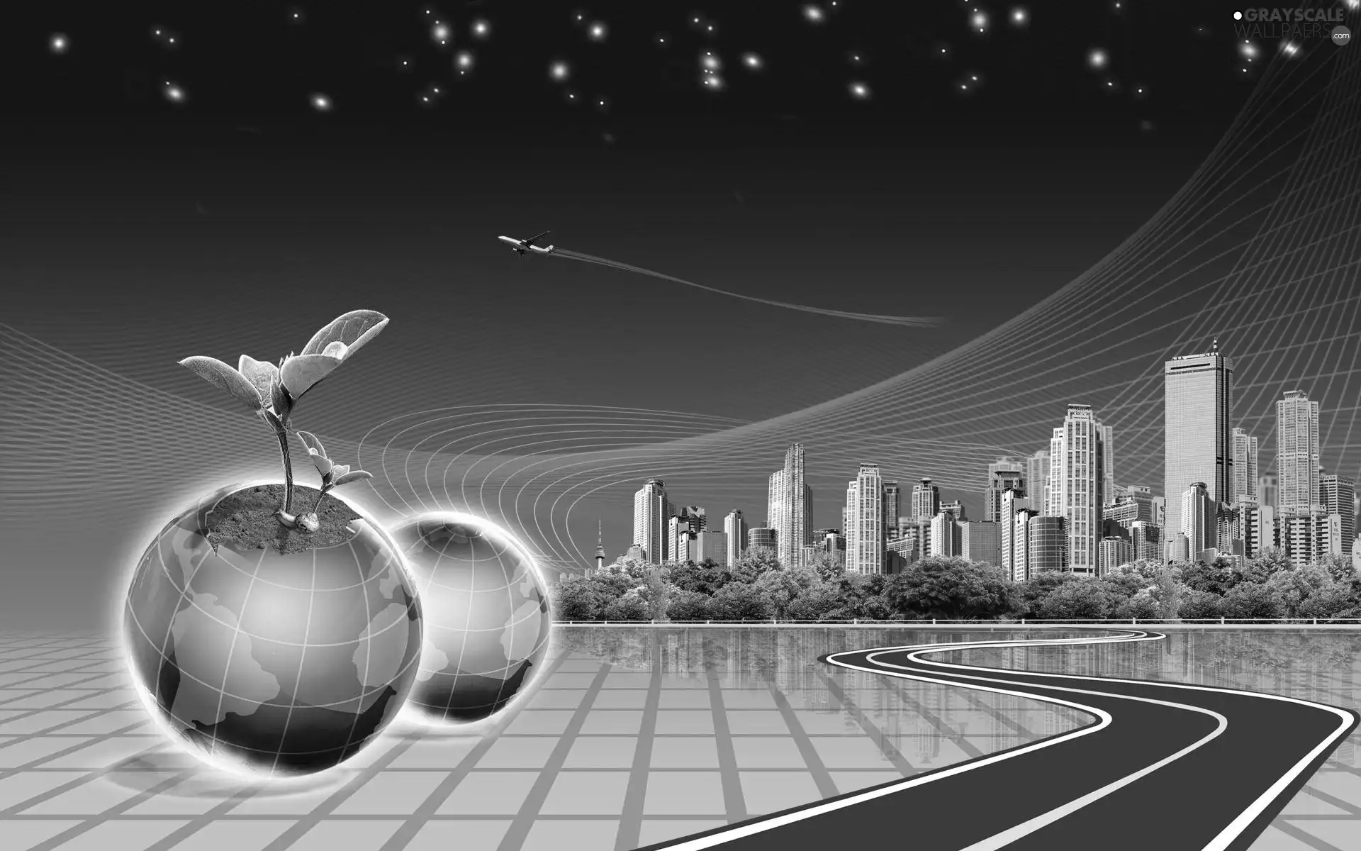 graphics, buildings, plane, globe