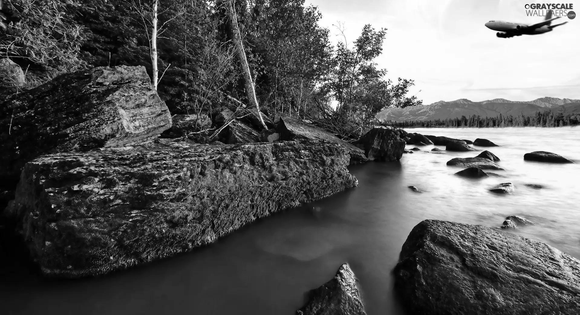 plane, River, rocks