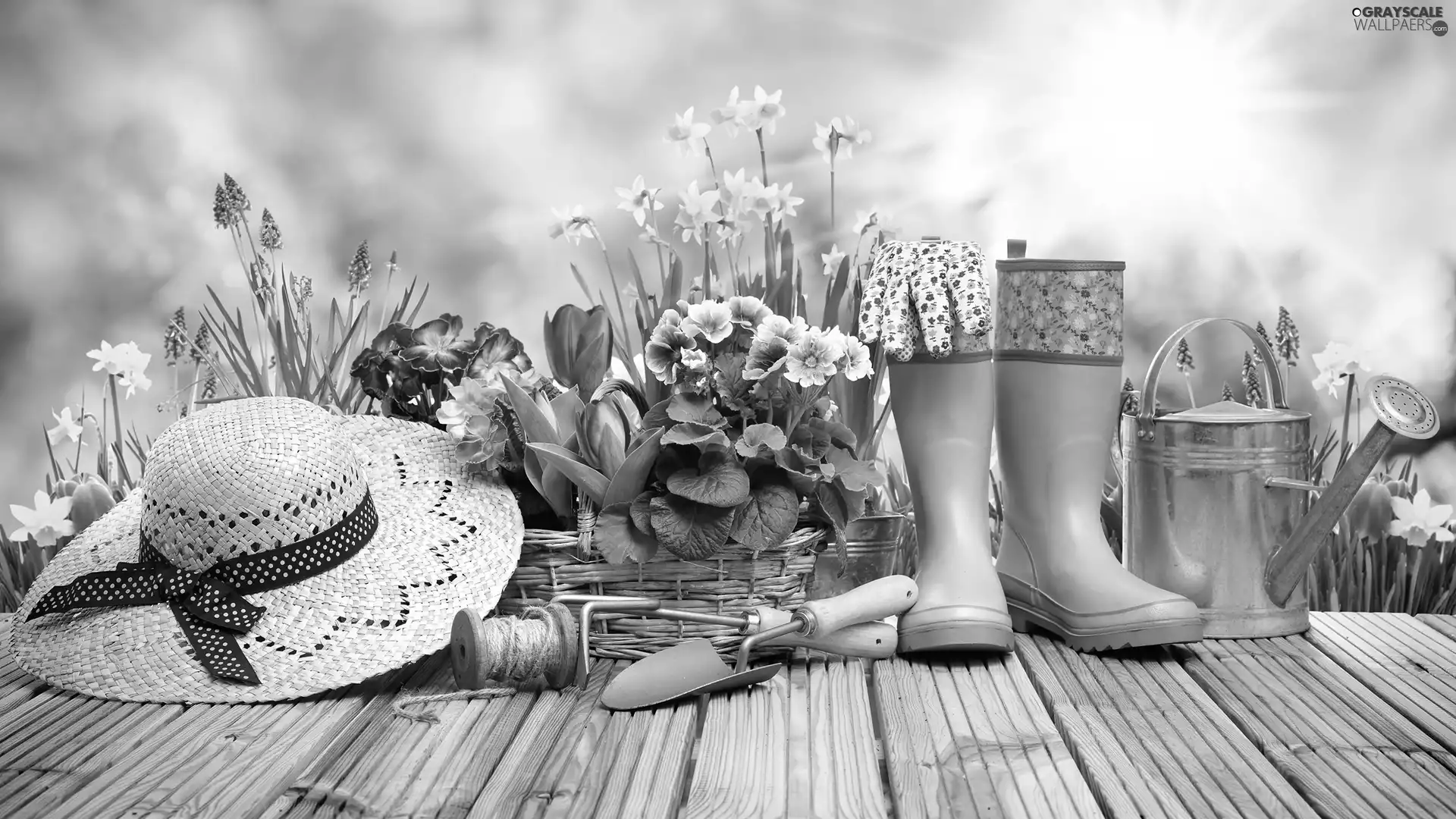 planting, Spring, flowers, tools, basket, watering can, Hat, primroses, wellingtons