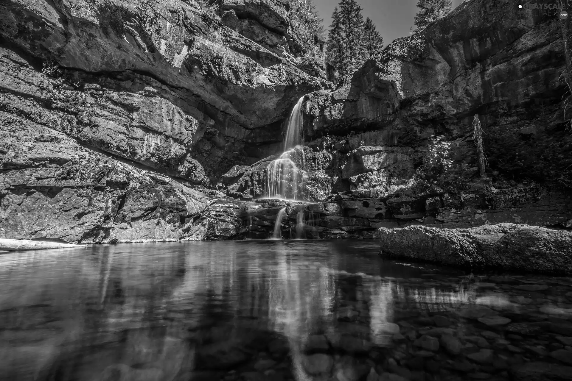 waterfall, rocks, River, Plants