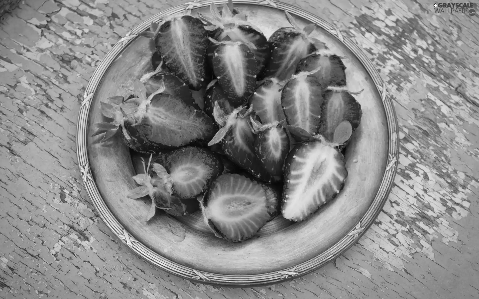 plate, strawberries, Halves