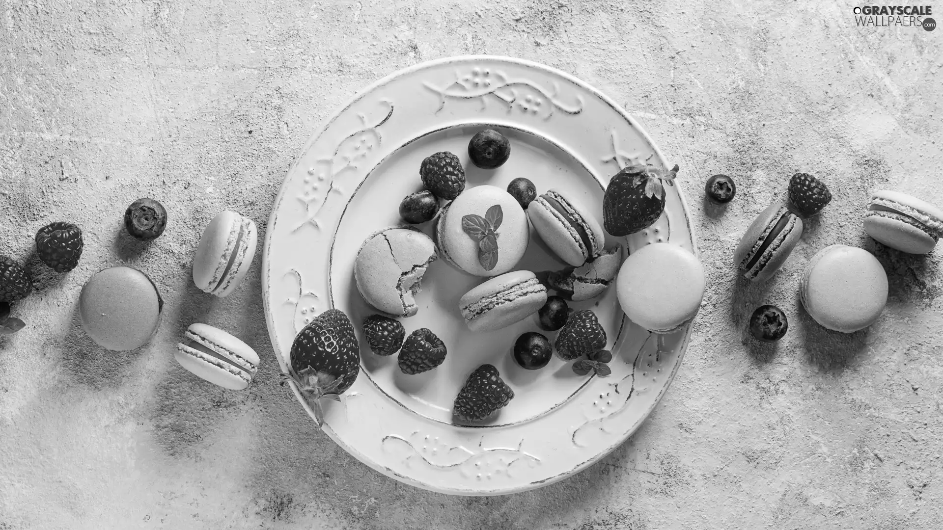 Fruits, plate, Macaroons, fresh, Cookies