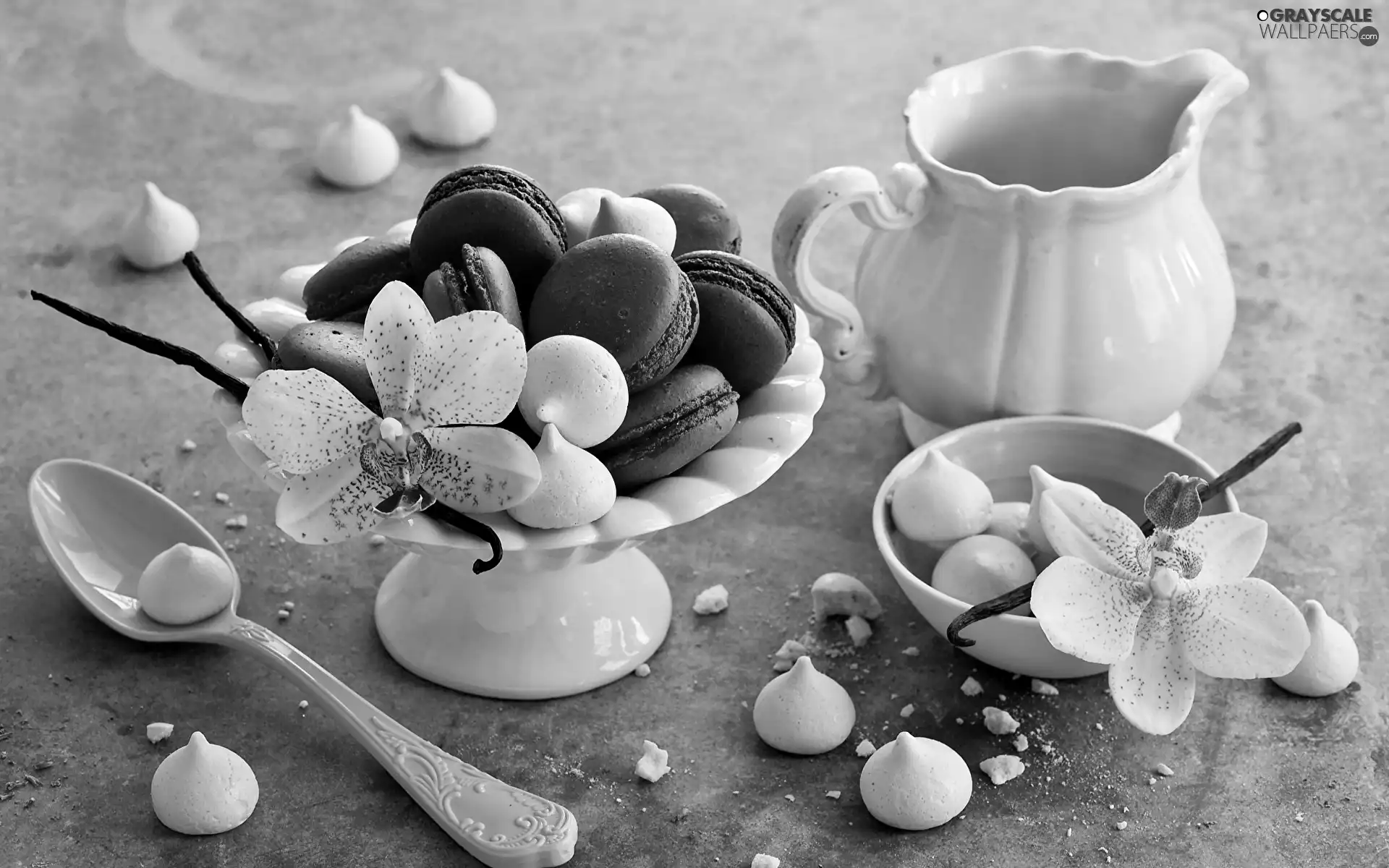 meringues, Macaroons, jug, plateau, Cookies, teaspoon, orchids