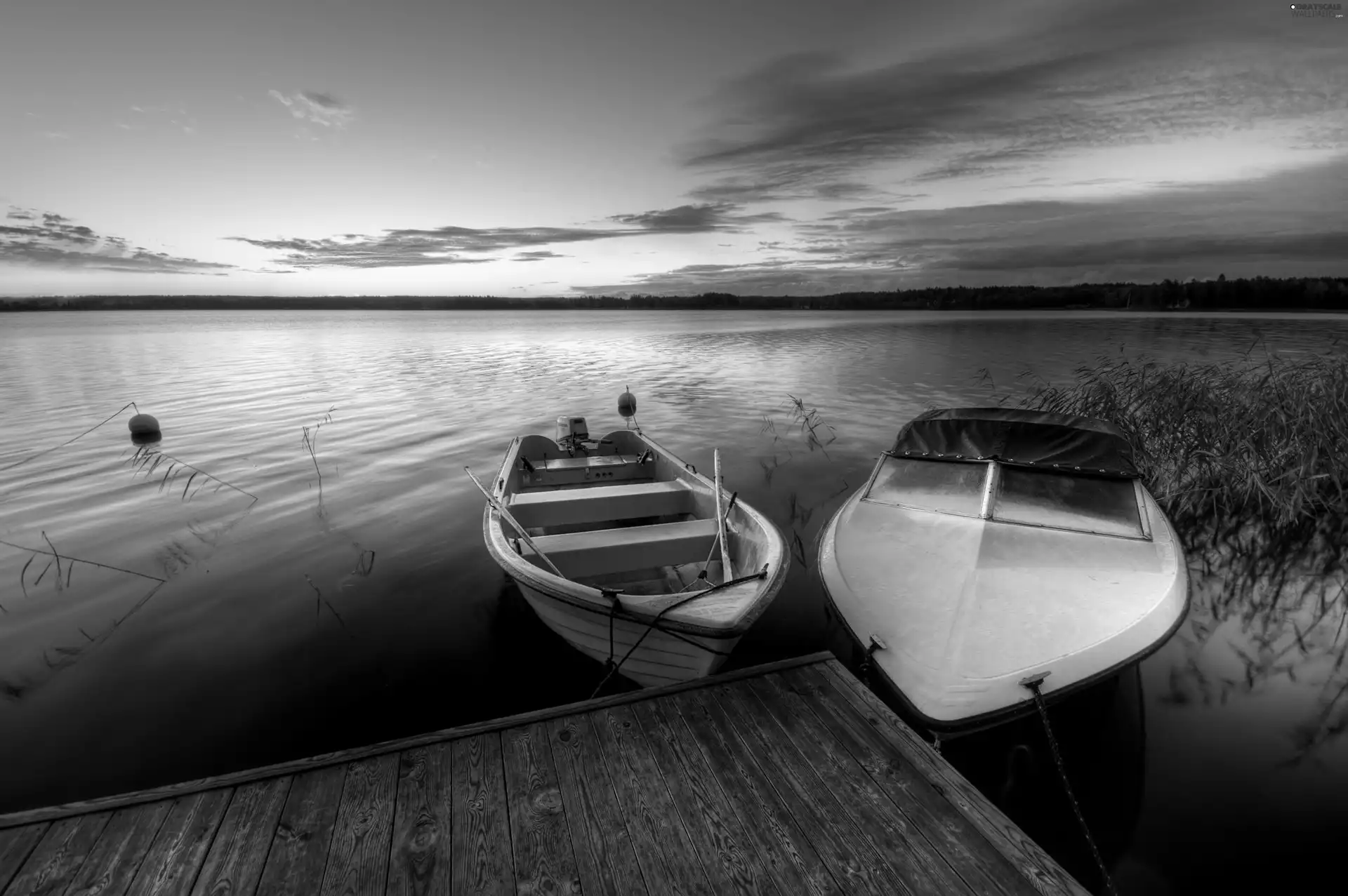 Platform, boats, west, sun, lake