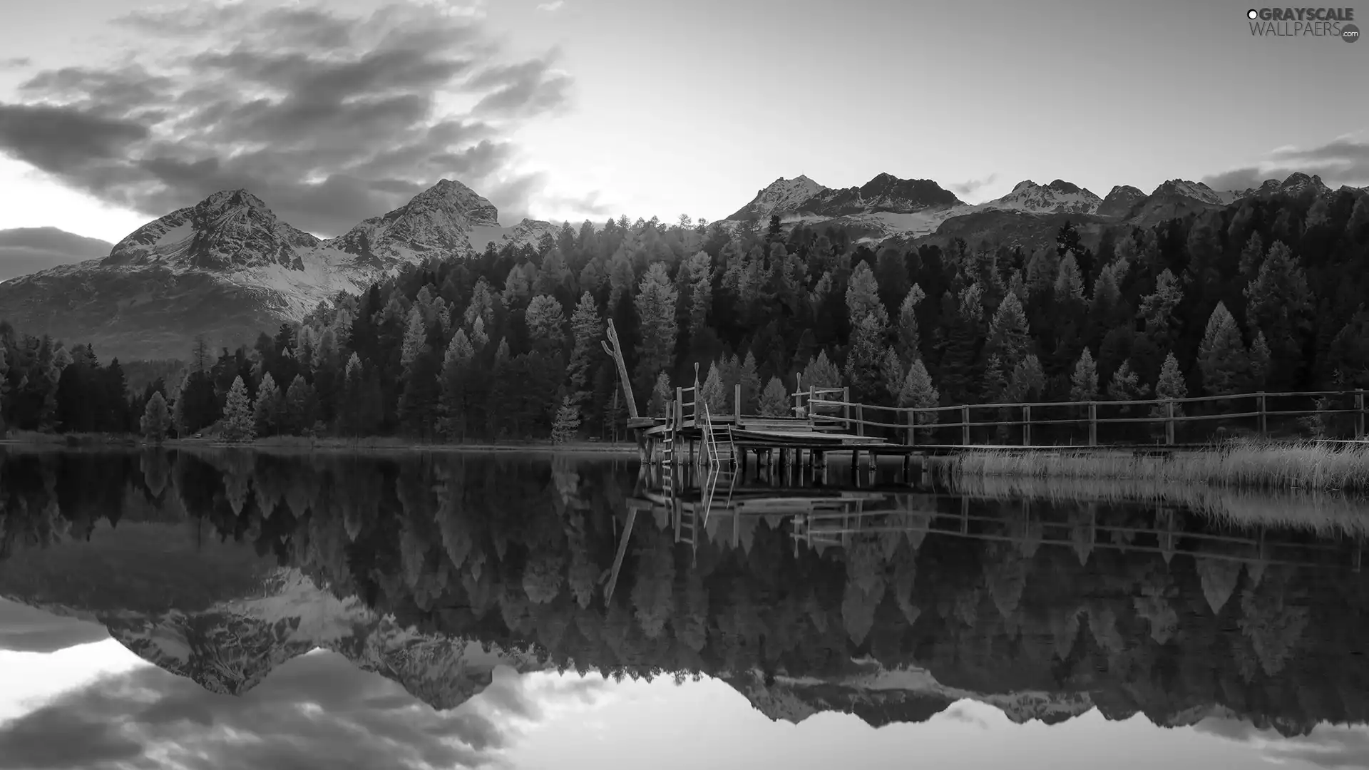 trees, lake, clouds, Platform, Mountains, viewes, reflection