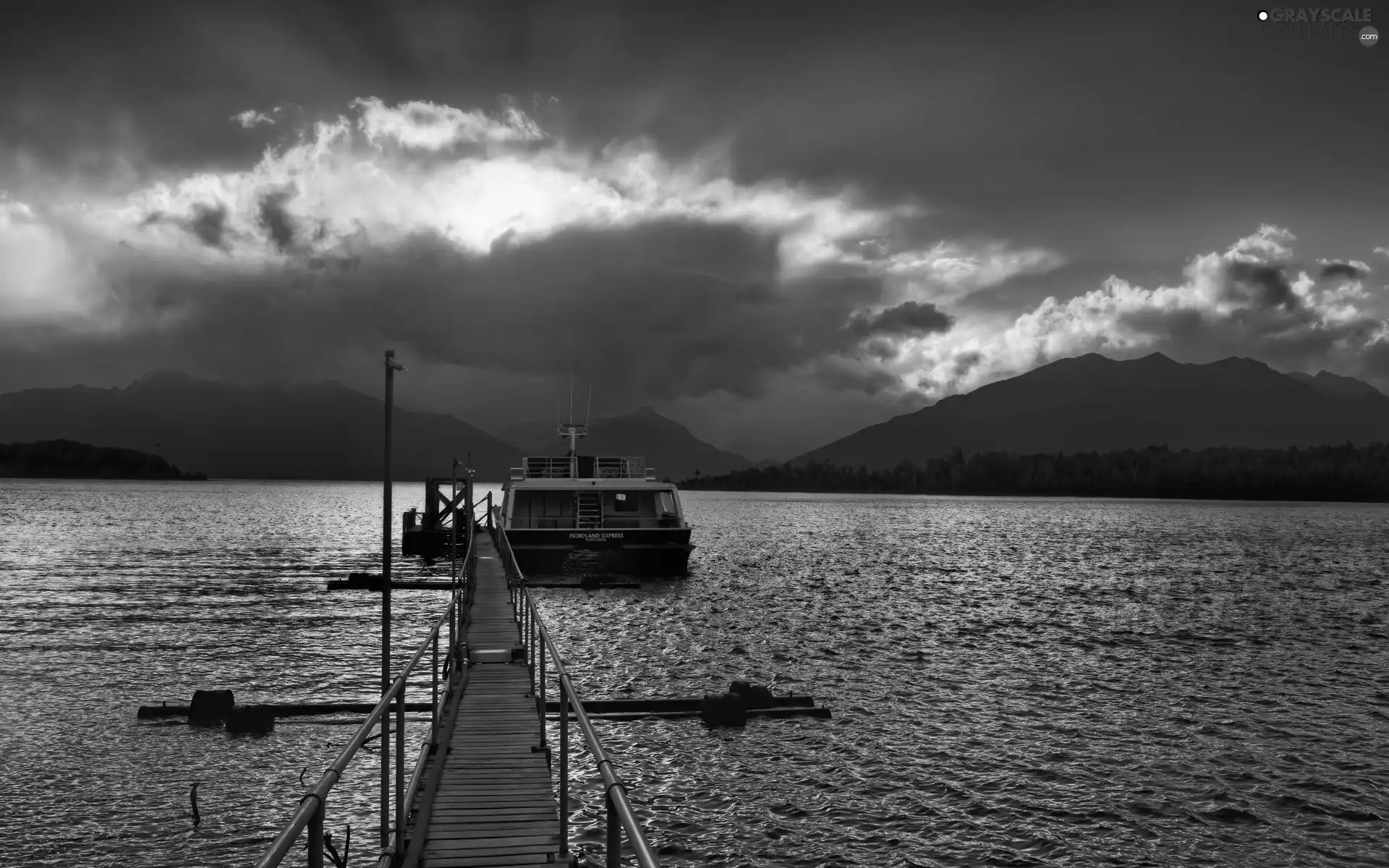 Platform, clouds, Mountains, Yacht, River