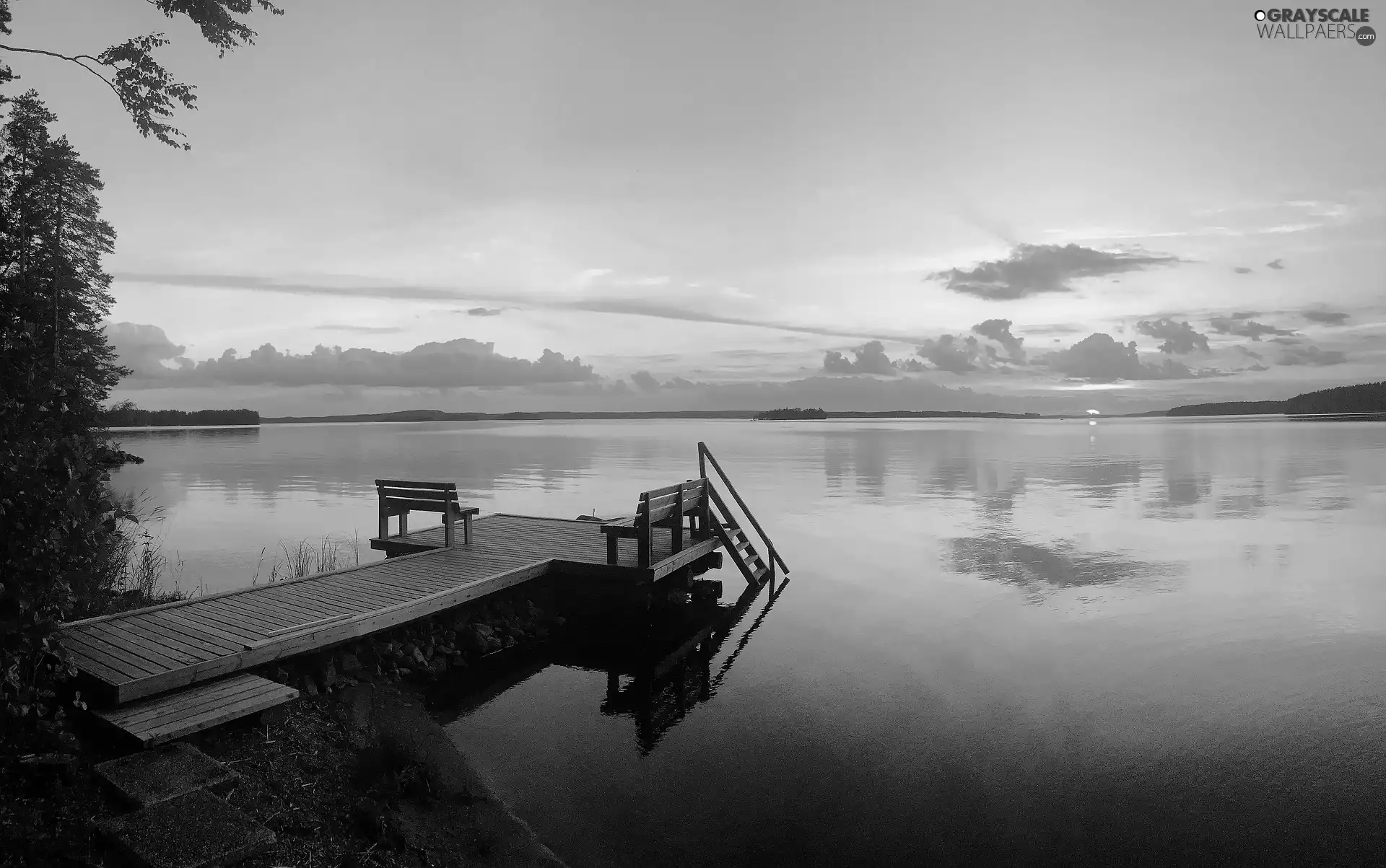 Great Sunsets, clouds, Platform, Bench, lake