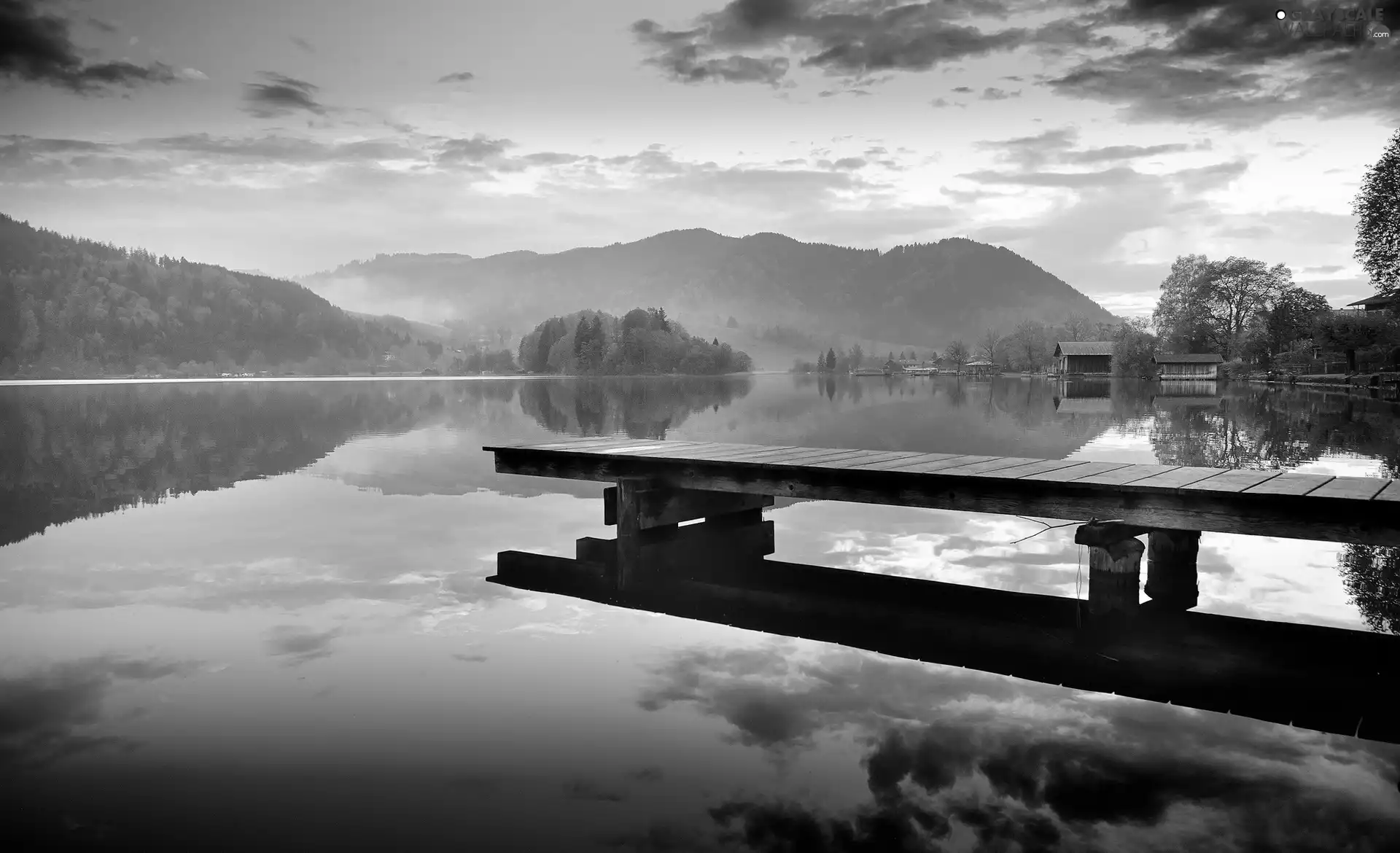 lake, woods, Platform, Mountains