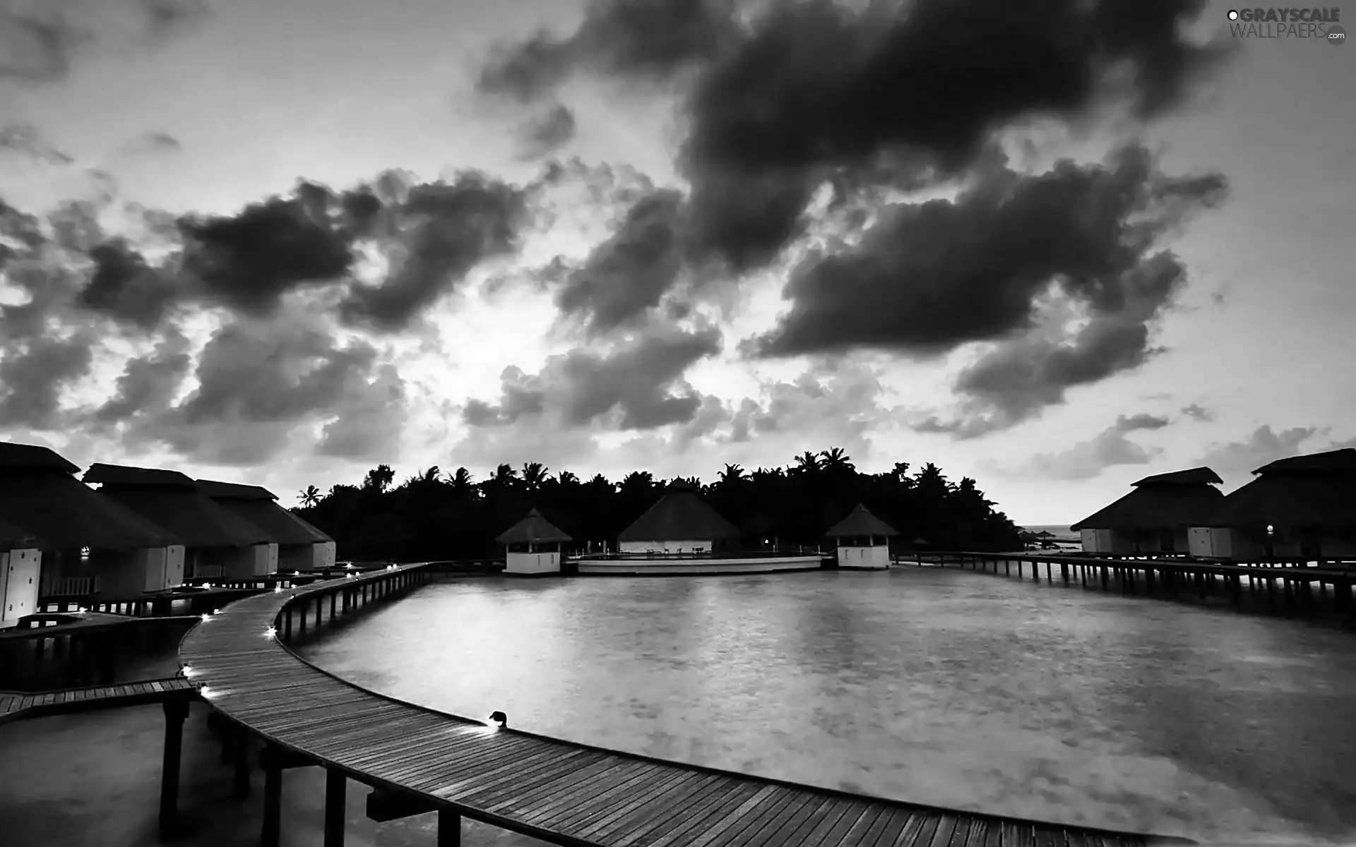 Platform, Houses, Bali, on The Water, Island, sea, clouds, Palms